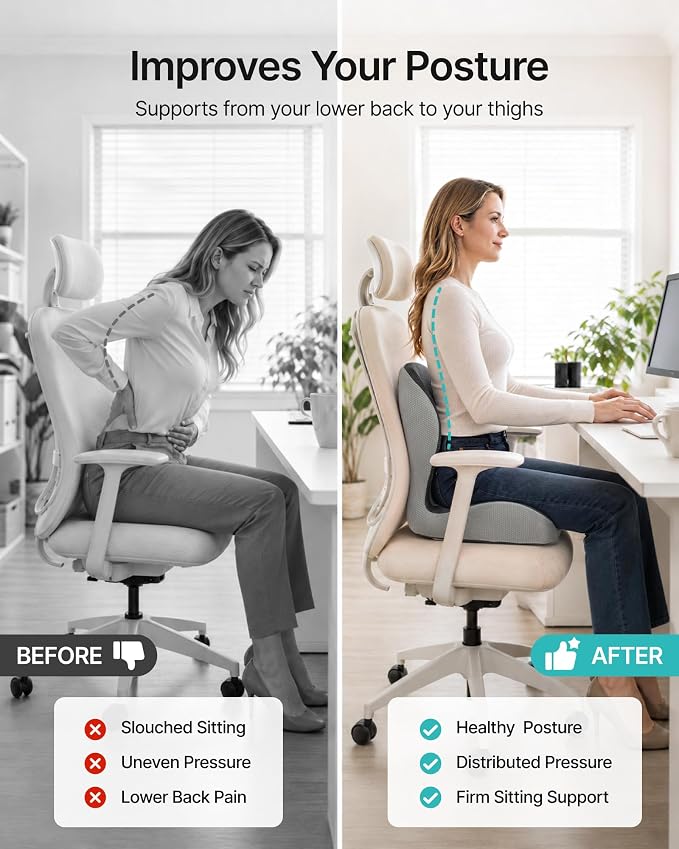PEGZONE Seat Cushion with Lumbar Support, Memory Foam Cushion for Chair | Ergonomic Lumbar Support Pillow，Chair Cushion for Office , Car, – Orthopedic Pain Relief Cushion,For Back, Tailbone, Gray
