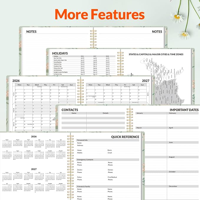 SUNEE Academic Planner 2026-2027 – Weekly & Monthly Planner, July 2026 to June 2027, 8.5"x11", Thick Paper, Tabs, Pockets, Bookmark, Spiral-Bound, Student Teacher Organizer, Green Wildflowers