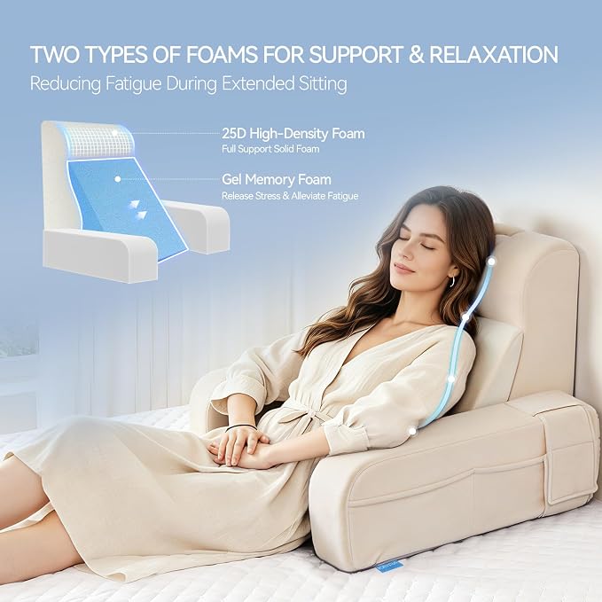 Kayfia Reading Pillow, Gel Memory Foam Back Rest Pillow, 19", Ivory | 3 Storage Pockets, Dual-Use Back Leg Support Pillow, Detachable Armrests, Ideal for Reading, Gaming, Working on Bed & Couch