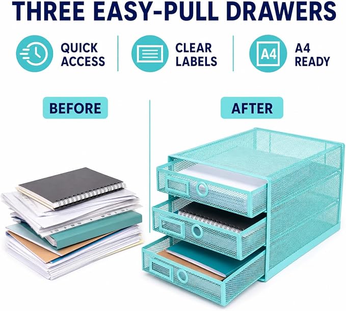 Exerz Paper Sorter 3 Drawer Wire Mesh A4 / Desk Multifunctional Desk Organiser/Multi-Layer Letter Tray - for Documents, Magazines, Notebooks and Letter | Desk Organiser Pull Out Trays Keep Files Letters Magazines Folders Notebooks Neatly Separated Easy...