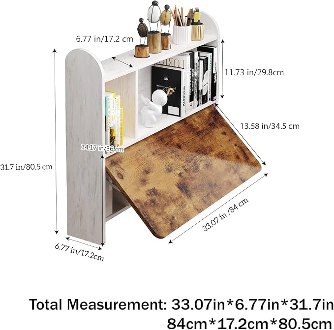 Wall Mounted Drop-Leaf Table, Floating Laptop Desk, Folding Table with Shelves, Multifunctional Computer Workstation with Storage Compartments in Home Office for Space Saving (Grayish White)