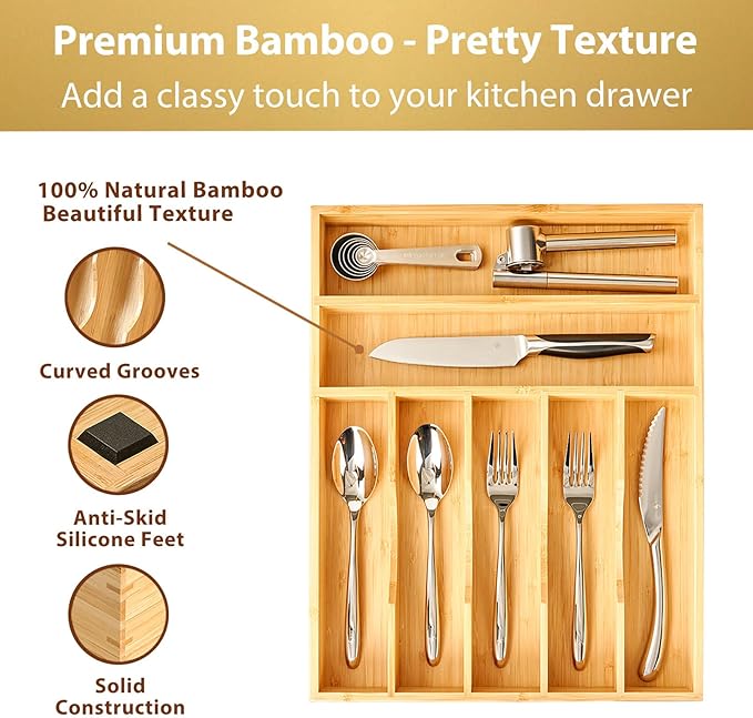 Bamboo Kitchen Drawer Organizer, 13 Inch Silverware Utensil Tray Holder, Extra Deep Grooved Drawer Divider, 7 Slots Total Bamboo Wood Caddy for Flatware Cutlery Knives, Forks, Spoons