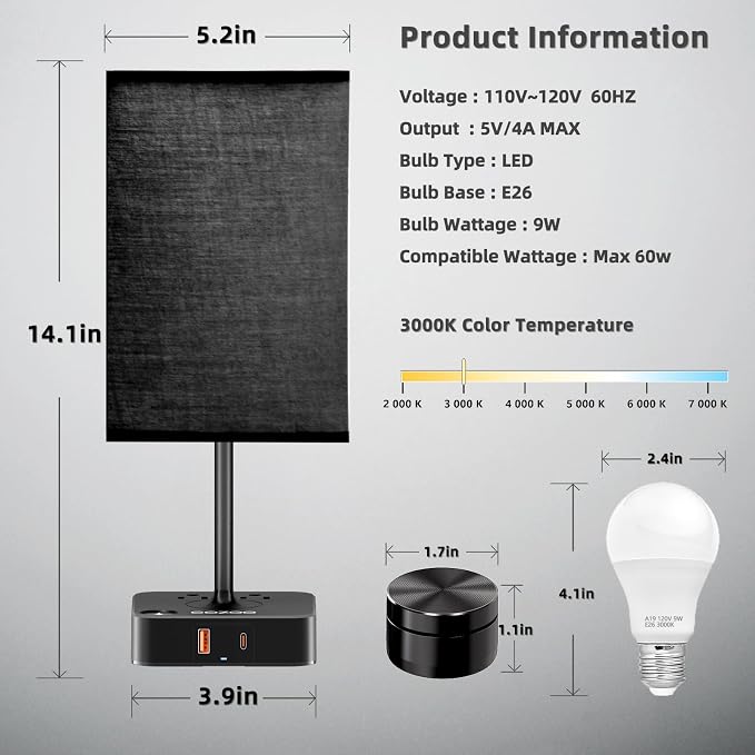 cozoo Bedside Table Lamp for Bedroom, 3 Way Dimmable & Remote Control Stepless Dimming Touch Nightstand Lamp, 2 USB Ports and 2 AC Outlets, Small Desk Light for Living Room, Bed, Study, Black