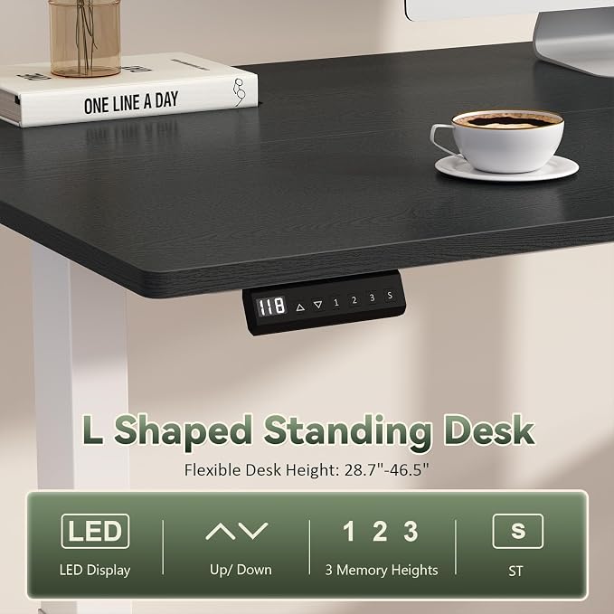 66 inch Farmhouse L Shaped Standing Desk with Storage for Home Office | Corner Electric Standing Desk with Drawers ＆ Storage Shelves, Height Adjustable Desk with Power Outlets, Black & White