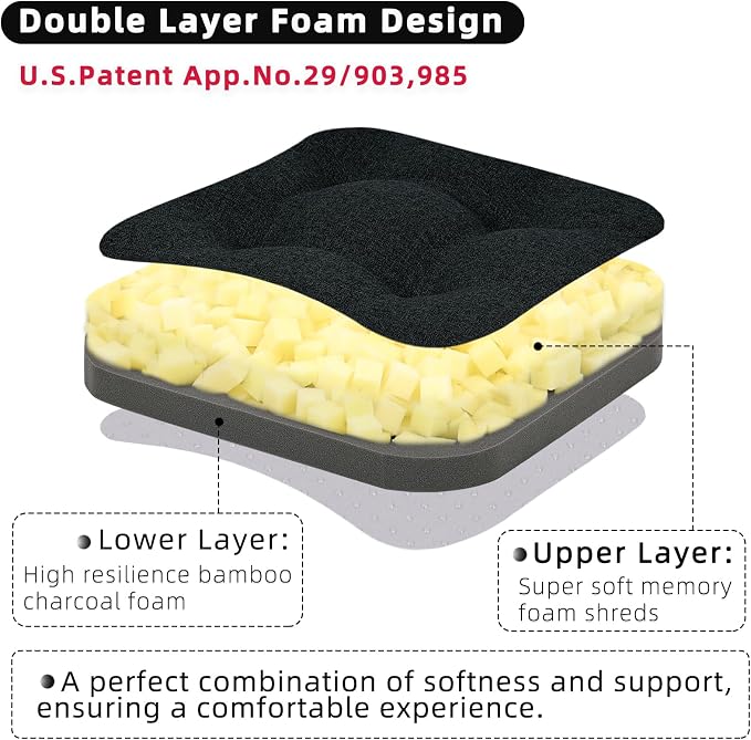 GOFORIT Tufted Shredded Memory Foam Chair Pads，Kitchen Chair Cushions for Dining Chairs,Non-Slip Seat Cushions with Removable Cover, 16'' x 16'', 6 Pack,Black