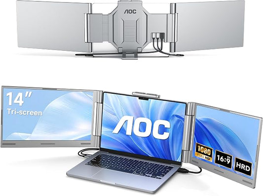 AOC 14" Laptop Screen Extender, Triple Portable Monitor for 13”-17.3" Laptops, 1080P FHD IPS Display, HDMI/USB-C Cable Plug-Play, Laptop Monitor Extender for Mac/Windows (Silver)