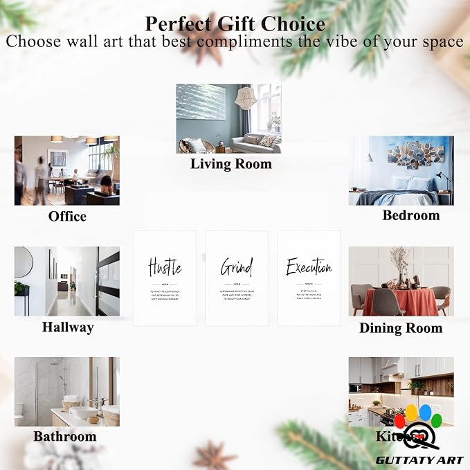 Office Wall Art - 3 Panel Motivational Wall Art, Inspirational Quotes Canvas Art for Home Office Wall Decor, Positive Quotes Wall Decor, Entrepreneur Grind Hustle Execution Poster Frame (20”x30”x3Pcs)