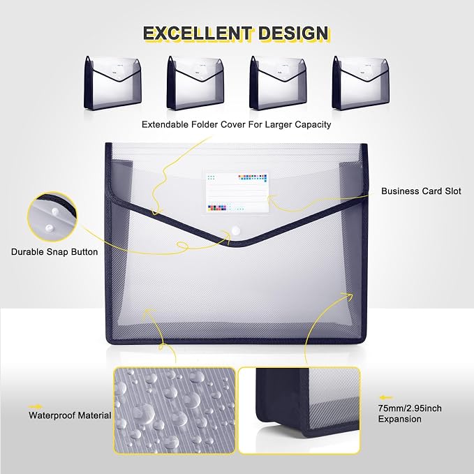 Plastic File Folders, Waterproof Transparent Expandable File Organiser, Portable Large Capacity A4B4 File Wallet for Office/Business/School (5 Pack)