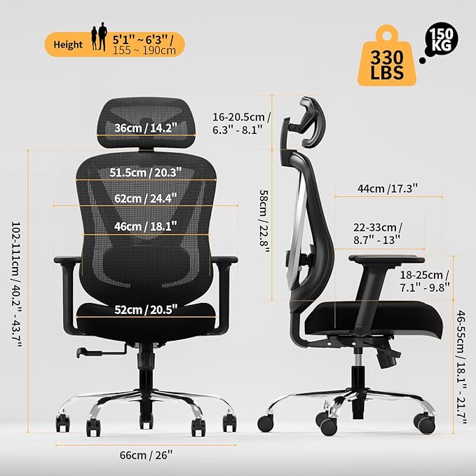 HOLLUDLE Ergonomic Mesh Office Chair - 3D Adjustable Lumbar Support & 3D Armrests, V-Shaped Back, Adjustable Desk Chair for Office & Home, Black
