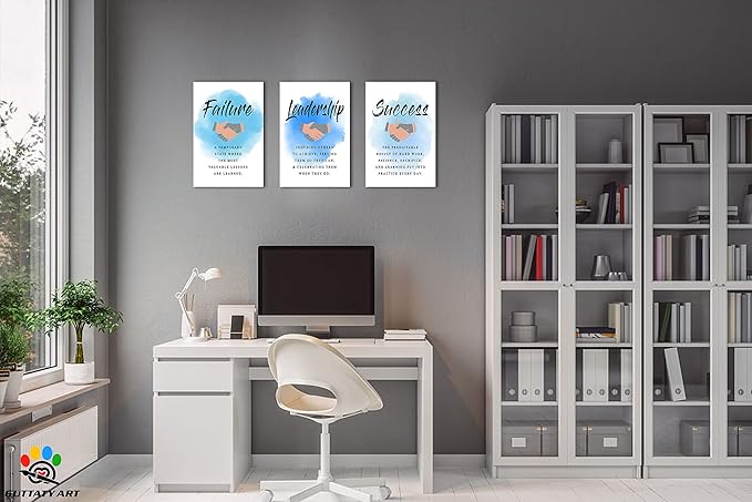 Inspirational Wall Art, Office Pictures for Wall Decor, Motivational Quotes Canvas Wall Art for Men, Failure - Leadership - Success Entrepreneur Quotes Framed Artwork for Workplace Decor 12”x18”x3Pcs