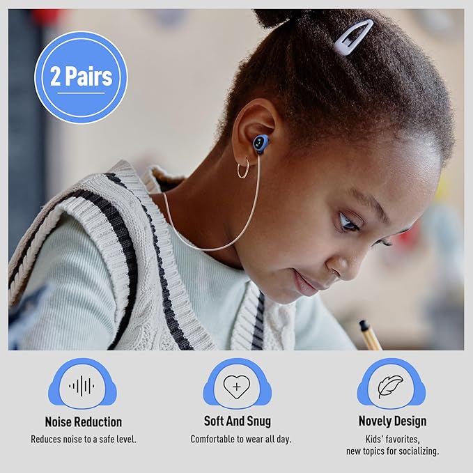 2 Pairs Kids Ear Plugs for 5-12 Yr, 27 dB Noise Reduction Extra Small Earplugs, Ear Plugs for Kids for Noise Sensitivity, Socializing, Sleep, Focus, 4 Sizes Ear Tips in XS-L (2X Purple+Cord)