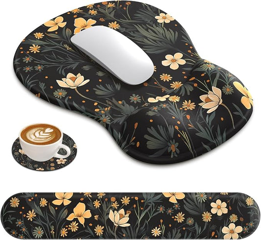 AKIT Ergonomic Mouse Pad and Keyboard Wrist Rest,Memory Foam,Flower Black | 3-in-1 Set Iincludes Mouse Pad and Keyboard Wrist Rest,Memory Foam for Comfort,Suitable for Home, Office, Gaming