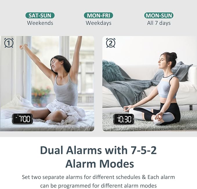 Odokee Digital Dual Alarm Clock for Bedroom with 0-100% Dimmable Display | Easy to Set Alarm Clock with Weekday/Weekend Mode - Loud Alarm for Heavy Sleepers with 5 Sounds Adjustable Volume