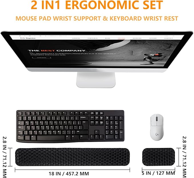 Ergonomic Keyboard and Mouse Wrist Rest Set, Silicone Honeycomb Design, Black, 17.7 x 2.8 x 1 Inches, Non-Deformable Support for Office Gaming Typing (Black)