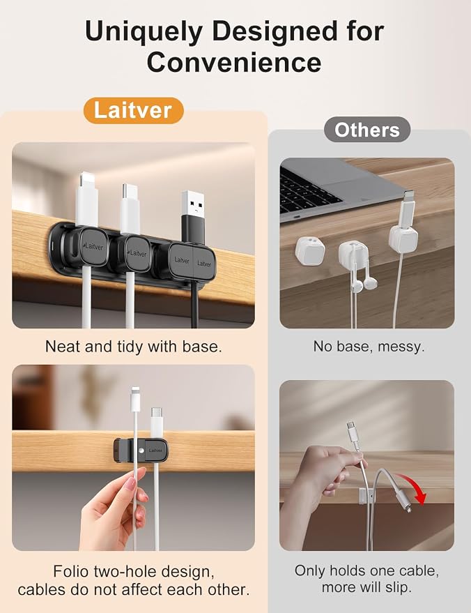 6 Pack Magnetic Cable Clips [1s Open/Lock], Laitver Cord Organizer Holder Strong Adhesive Desk Cable Management- Organize Charging Cords Neatly for Home, Office, Car,Desk, Nightstand-Black