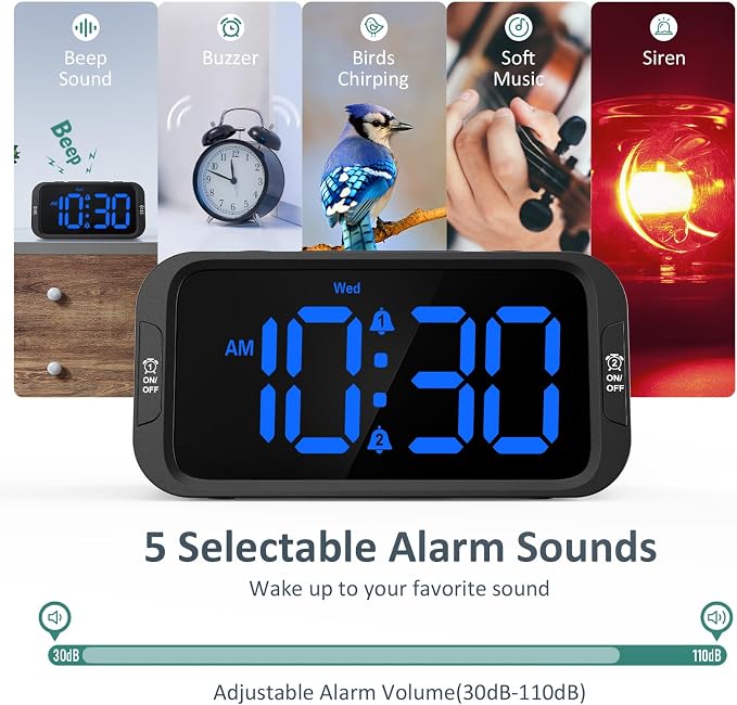 Odokee Digital Dual Alarm Clock for Bedroom with 0-100% Dimmable Display | Easy to Set Alarm Clock with Weekday/Weekend Mode - Loud Alarm for Heavy Sleepers with 5 Sounds Adjustable Volume - Blue