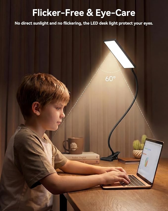 Eye-Caring Adjustable LED Reading Clamp Desk Lamp with 48 LEDs Flexible Neck, 3 Color Modes & 11 Brightness Levels for Office Bedroom Study (Black)