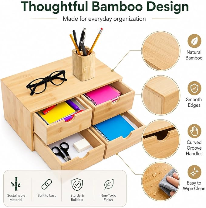 Bamboo Desk Organizer, 4-Drawer Wooden Desk Organizer with Full Pull-out Drawers, No Assembly Bamboo Storage Drawer for Office Supplies Cosmetics