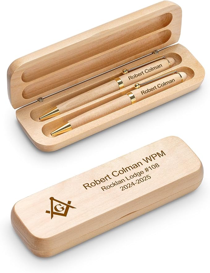 Executive Gift Shoppe | Masonic Theme Laser Engraved Maple Wood Double Pen and Box Set