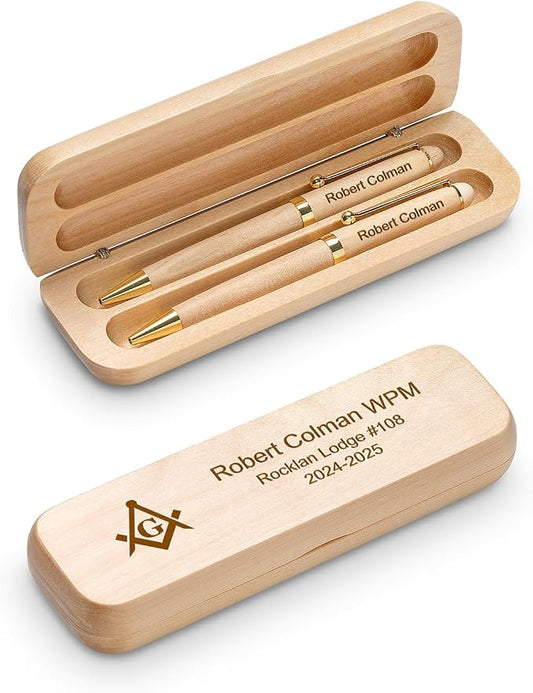 Executive Gift Shoppe | Masonic Theme Laser Engraved Maple Wood Double Pen and Box Set