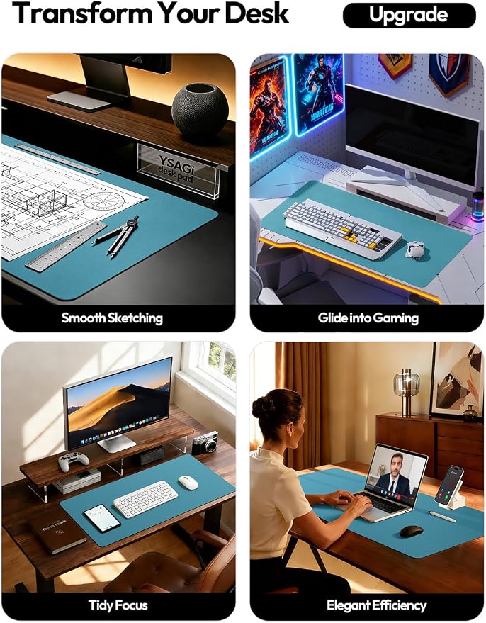 YSAGi Leather Desk Pad Protector, Office Desk Mat, Large Mouse Pad, Non-Slip PU Leather Desk Blotter, Laptop Desk Pad, Waterproof Desk Writing Pad for Office and Home (Turquoise,47" x 17")