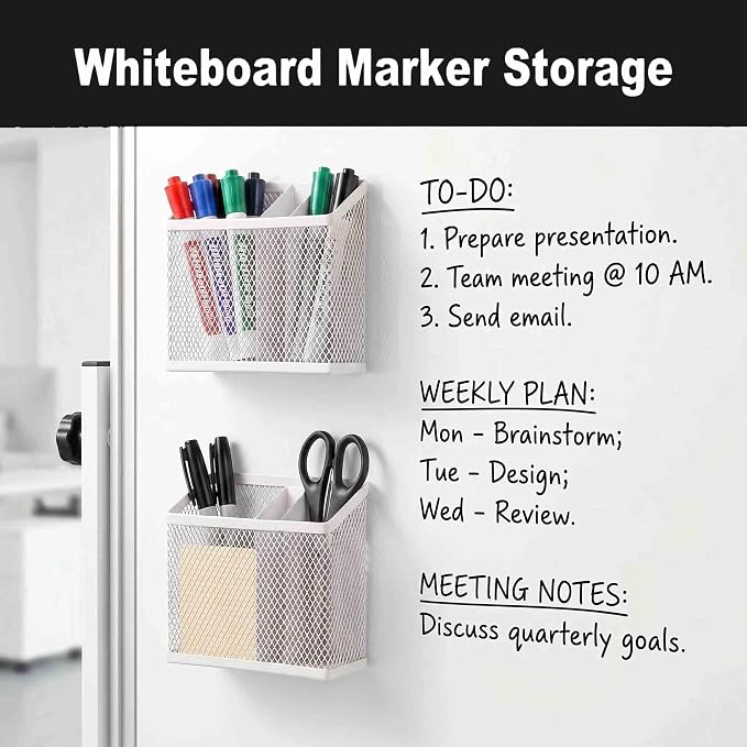 Neudeco Magnetic Pencil Holder,Magnetic Dry Erase Marker Holder for whiteboard, Magnetic Storage Basket for Refrigerator, Pack 2 (white)