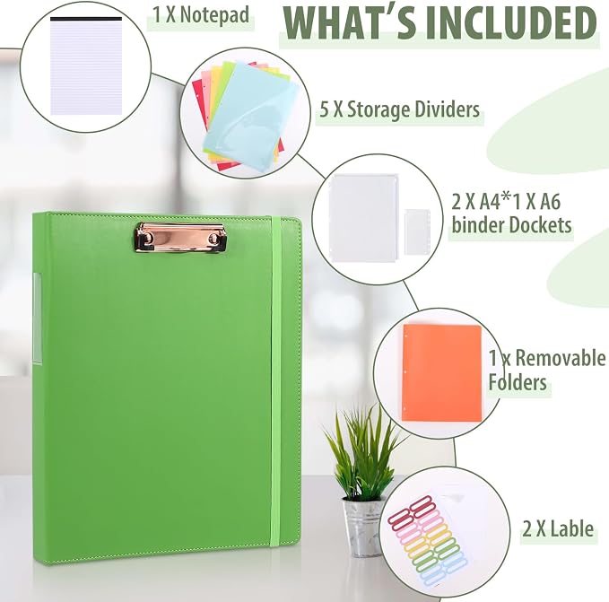 Leather Binder Portfolio with Clipboard 1 Inch, 13" × 11" PU Clipboard Binder with Notepad, 5 Dividers with Pockets, Removable Folder,Labels,Great for School Office(Fit Letter Sized Paper)