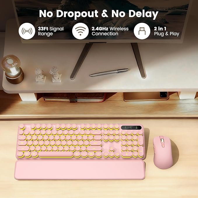 Wireless Keyboard and Mouse Combo, Round Backlit Keycaps, Retro Typewriter Keyboard with Detachable Wrist Rest, Rechargeable & Tilt Legs, 2.4GHz Cordless Connection for Windows/PC (Glowing Pink)