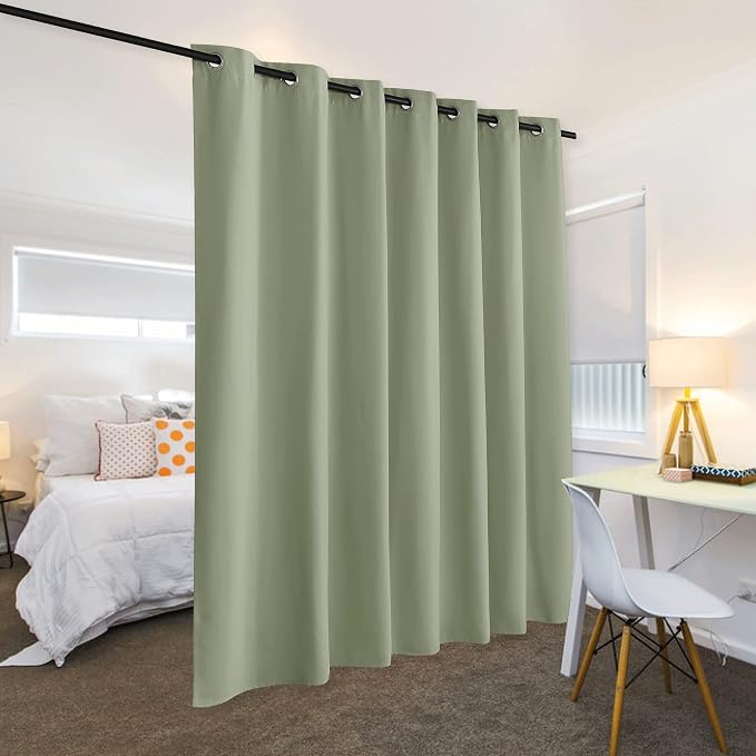 RYB HOME Privacy Curtain for Sliding Glass Door, Light Block Noise Reduce Insulated Curtain Screen Ceiling to Floor for Locker Room Basement Bedroom Closet, 100 inch Wide x 90 inch Long, Sage Green