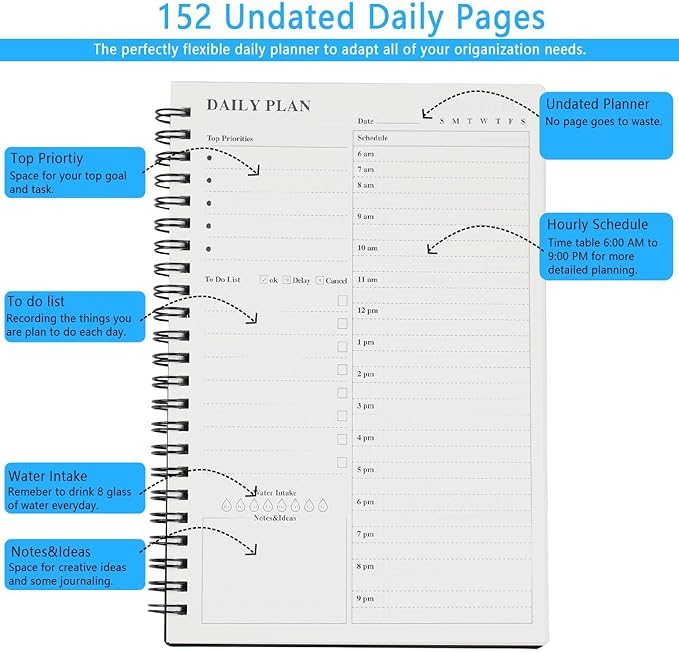 Daily Planner Undated 2 Pack, A5 To Do List Notebook with Hourly Schedules, Spiral Time Management Organizer for Man Women, 8.3" x 5.6" 152 Pages