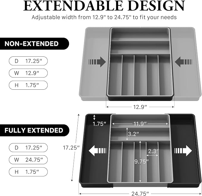 Simple Houseware Expandable Kitchen Drawer Flatware Organizer, Black/Gray