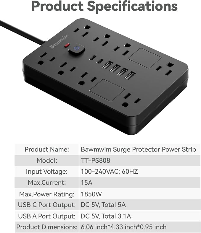 Surge Protector Power Strip - 11 Outlets(1850W/15A/14AWG) with 6 USB Ports(2 USB C), 6/10FT Flat Plug Extension Cord, Wall Mount, Black, ETL Listed for Home, Dorm Room