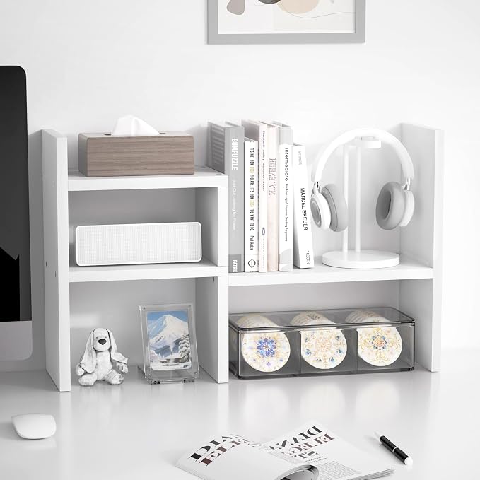 Jerry & Maggie - Desktop Organizer Office Storage Rack Adjustable Wood Display Shelf | Birthday Gifts - Toy - Home Decor | - Free Style Rotation Display - True Natural Stand Shelf (White) | Wooden Desk Organizer, Cute Dorm & Cubicle Decor. Stores Makeu...