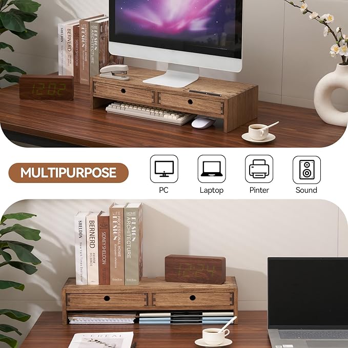 KIRIGEN Wood Monitor Stand with 2 Drawers, Solid Wood Computer Monitor Riser for Desk, Desktop Organizer Shelf with Cable Management, Pen Slots, Brown, No Assembly PMJ-DBR