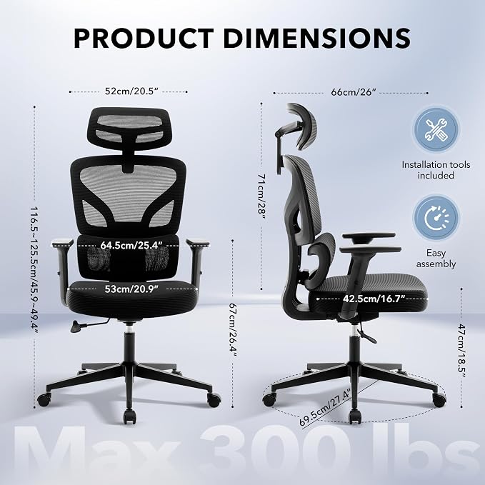 Office Chair Ergonomic Desk Chair - Home Mesh Office Desk Chair with Adjustable Lumbar Support, High-Back Computer Gaming Chair with Headrest 3D Armrests, Rolling Swivel Task Chairs for Home, Office