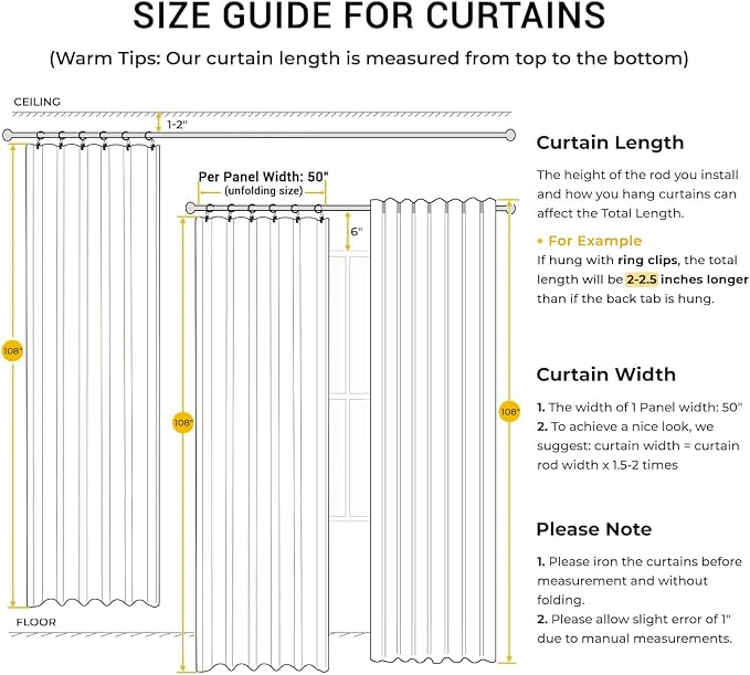 INOVADAY 100% Blackout Curtains for Bedroom, Stoic Gray Black Out Curtains 108 Inch Long, Clip Rings Linen Blackout Drapes, Thermal Insulated Room Darkening for Living Room, 2 Panels - W50xL108