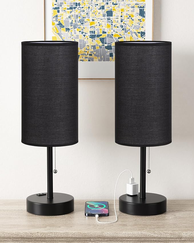 Fenmzee 17.4" Large Black Bedside Lamps Set of 2-3 Color Temperatures Pull Chain Lamp with AC Outlet Charging Port, Two Round Night Stand Lamps for Bedroom Guest Room Office