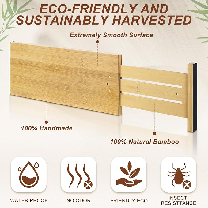 DoubleFill 4 Pcs 6 Inch High Drawer Dividers 15"-22" Adjustable Bamboo Drawer Dividers Deep Expandable Dresser Organizer with Spring Loaded for Bedroom Bathroom Kitchen Office(Wood Color)
