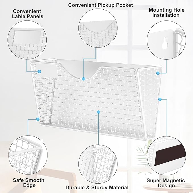 MFTEK Magnetic File Holder, 2 Pockets Wall File Folders Holder No Drilling Magnetic Paper Mail Organizer Magazine Basket, Hanging Storage Rack for Fridge Cabinets Office Classroom(White)