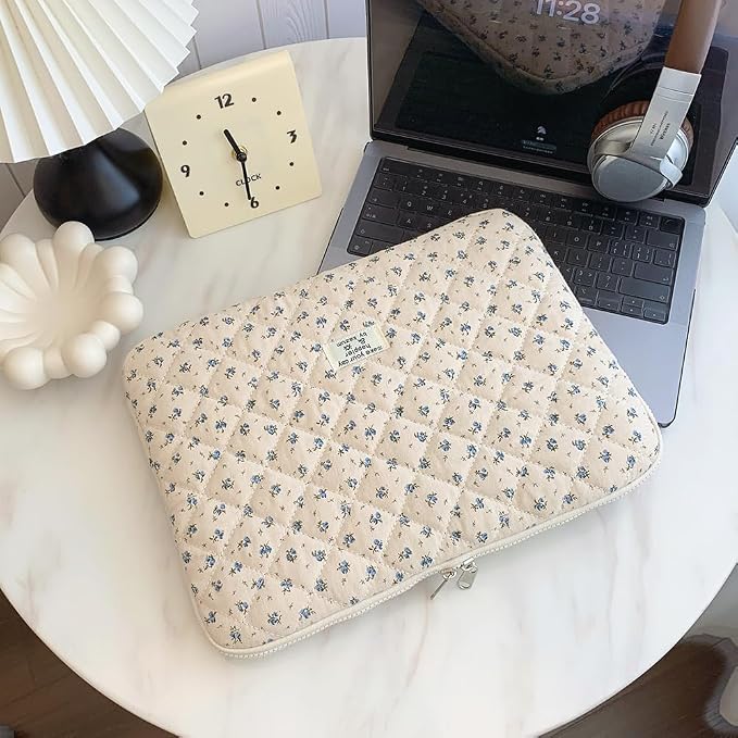 Cute Laptop Sleeve 13-15 inch Laptop Case Aesthetic Quilted Laptop Sleeve Computer Bag with Flower Printing for MacBook (A-Blue, 13inch)