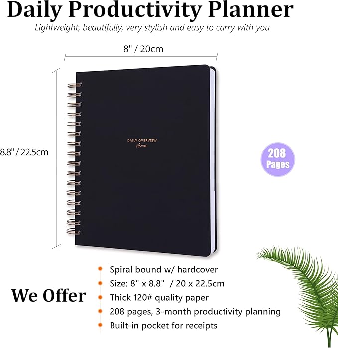 Undated Daily Overview Planner - 3-Month Productivity Journal to Increase Focus, Eliminate Overwhelm, and Achieve Your Goals - 8×8.8" Hard Cover Wire-bound Agenda Notepad