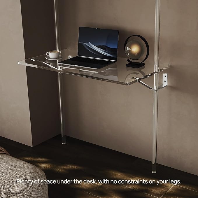 HMYHUM Acrylic Wall Mount Desk, Clear Ladder Desk with Open Shelves, Floating Desk for Laptop, Computer, Study, Writing, Vanity Table, Modern, 36" L x 19.7" W x 69.99" H
