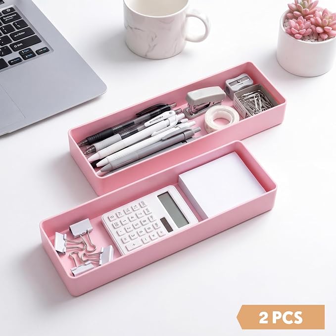 Teling 2 Pcs Pink Large Rectangular Desk Organizer Set, Half Accessory Tray, Plastic Tabletop Organizer for Office, Home, or Study, Dimensions: 9.45 x 2.95 x 1.38 Inches
