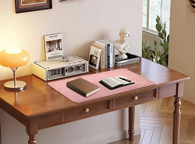 Soft Anti-Curl Faux PU Desk Mat 23.6"x13.8", Waterproof Heat Safe Non-Slip Vintage Desk Pad, Stitched Edge Wipeable Tear Resistant Desktop Protector for Work from Home Office (Pink)