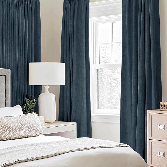 MIULEE 100% Blackout Linen Textured Curtains for Bedroom Solid Thermal Insulated Navy Grommet Room Darkening Curtains & Drapes Luxury Decor for Living Room 52 x 54 Inch (2 Panels)