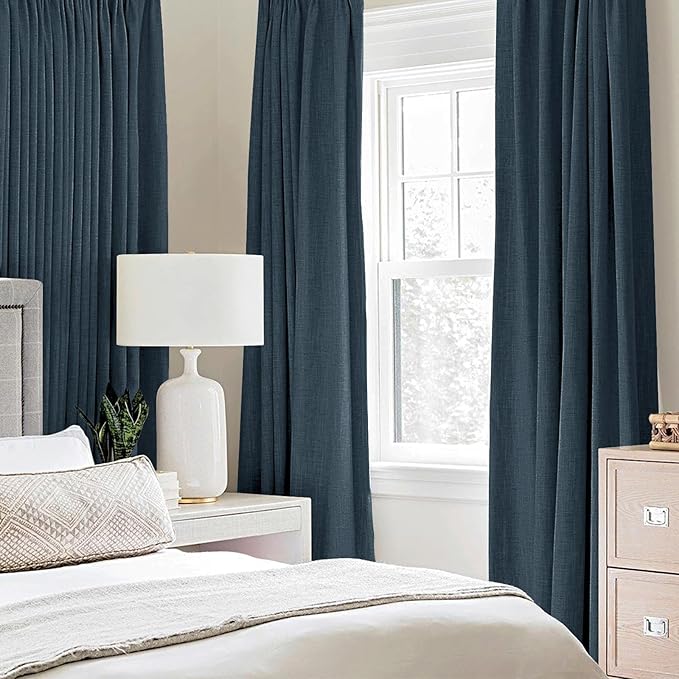 MIULEE 100% Blackout Linen Textured Curtains for Bedroom Solid Thermal Insulated Navy Grommet Room Darkening Curtains & Drapes Luxury Decor for Living Room 52 x 90 Inch (2 Panels)