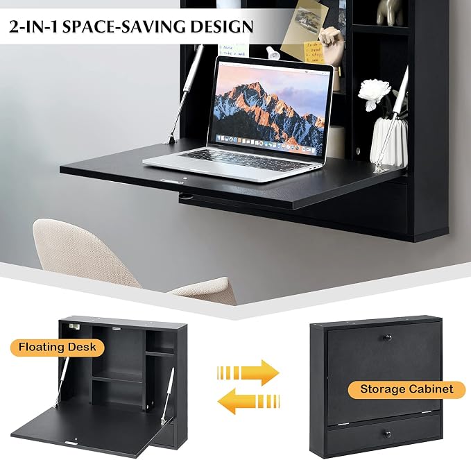COSTWAY Wall-Mounted Computer Desk, Floating Desk with Storage Drawer & Shelves, Fold-up Desktop & Pneumatic Springs, Ideal for Home, Office, Dormitory, Small Spaces (Black)