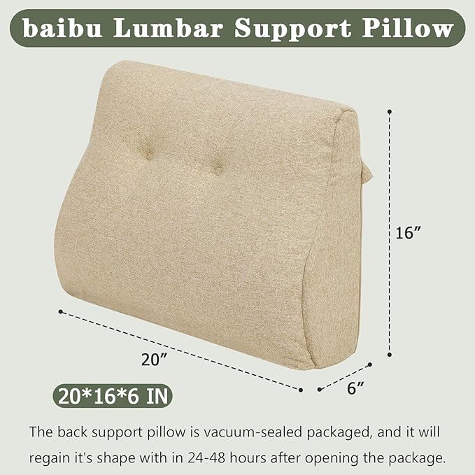 baibu Lumbar Support Pillow for Recliner, Large Memory Foam Dual-Layer Patent Design Back Support Cushion for Sofa & Gaming Chair, Ergonomic Lumbar Pillow with Machine Washable Cover, Beige