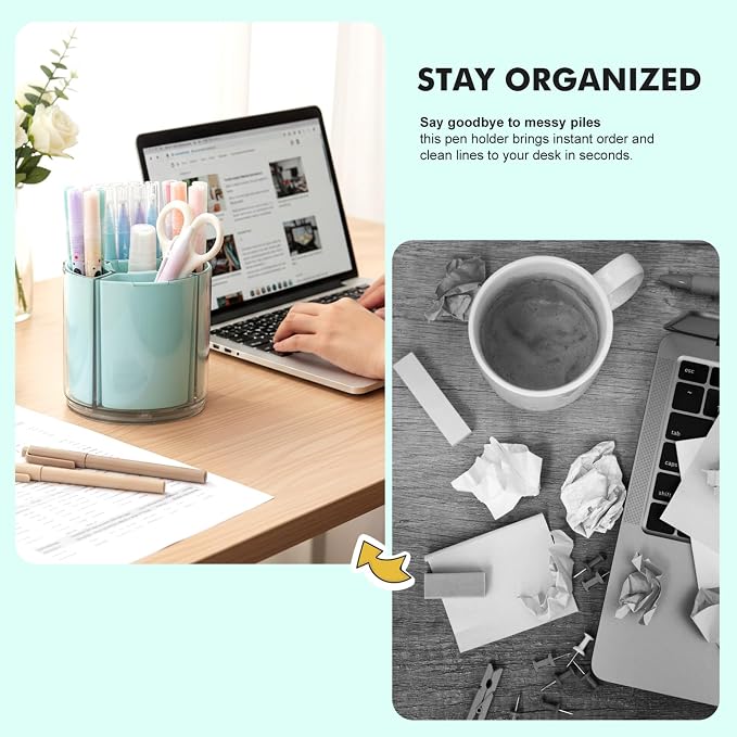 Comix 360° Rotating Pen Holder for Desk, Green Pencil Holder with 5 Slots | Expandable Capacity, Acrylic Pen Organizer Easy to Clean, Cute Pencil Cup for Home School Office Art Supplies
