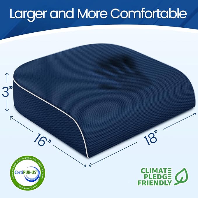 SweetSlubr Seat Cushion for Tailbone Pain Relief, Office Chair Cushion, Memory Foam Large Chair Cushion with Non-Slip Cover for Soft Support at Office Chair, Car Seat, Airplane Dark Blue/Large